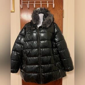 White Stag Shiny Black Puffer Coat with Faux Fur Trim